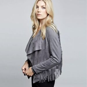 Karen Kane Gray Faux Suede Fringe Sleeve Cropped Jacket